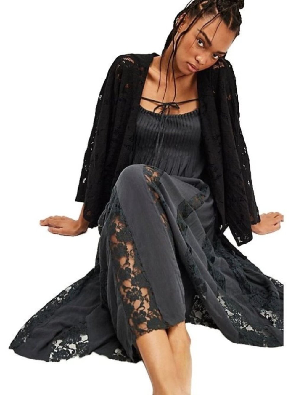 Free People Hailee Slip Dress Black Square Neck Straps Tie Lace Halter XS